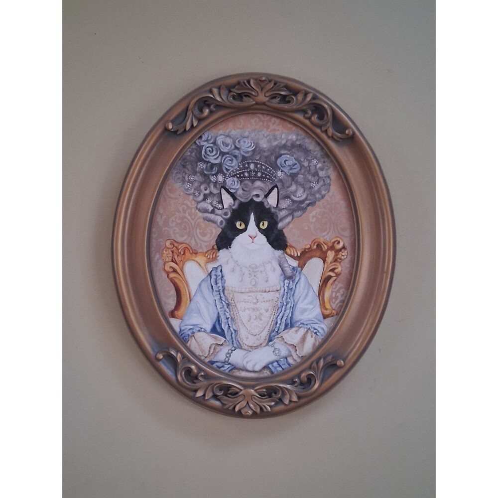 Victorian Royal Cat Portrait Framed Marie Antoinette Vintage Style Oval Wall Art